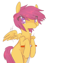 Size: 571x599 | Tagged: safe, artist:braindead, character:scootaloo, species:pegasus, species:pony, bipedal, colored pupils, cute, cutealoo, eye clipping through hair, female, scooter, simple background, solo, white background