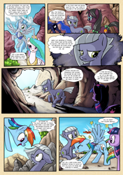 Size: 1280x1814 | Tagged: safe, artist:foldeath, artist:pencils, character:limestone pie, character:princess celestia, character:princess luna, character:rainbow dash, character:twilight sparkle, character:twilight sparkle (alicorn), oc, oc:moonglow twinkle, oc:sky shatter, species:alicorn, species:earth pony, species:pegasus, species:pony, species:unicorn, comic:anon's pie adventure, armor, bow, cave, comic, cracking joints, crown, dialogue, eye contact, female, flying, frown, glasses, gritted teeth, happy, jewelry, looking at each other, male, mare, moonbutt, necklace, pain star, questionable series, regalia, scrunchy face, sitting, smiling, speech bubble, stallion, tail bow, thought bubble, wing cramp