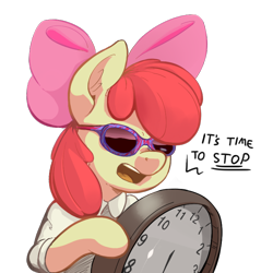 Size: 750x750 | Tagged: safe, artist:zapplebow, character:apple bloom, species:earth pony, species:pony, bipedal, clock, clothing, dank memes, ear fluff, female, filly, filthy frank, hoof hold, it's time to stop, meme, open mouth, parody, reaction image, simple background, solo, sunglasses, transparent background