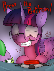 Size: 1124x1482 | Tagged: safe, artist:sandwich-anomaly, character:spike, character:twilight sparkle, character:twilight sparkle (alicorn), character:twilight sparkle (scitwi), species:alicorn, species:dragon, species:pony, big red button, borderlands the pre-sequel, for science, glasses, just do it, looking down, mad scientist, ponies the anthology v, press the button, red button, scene interpretation, scitwilicorn, the science button, twilight snapple