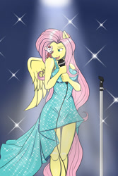 Size: 1024x1536 | Tagged: safe, artist:nwinter3, character:fluttershy, species:anthro, species:pegasus, species:pony, clothing, crossover, dress, female, microphone, mouse, sing (movie), solo