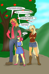 Size: 1024x1536 | Tagged: safe, artist:nwinter3, character:apple bloom, character:applejack, character:big mcintosh, species:anthro, abs, apple siblings, apple tree, boots, breasts, clothing, cowboy boots, daisy dukes, dress, female, jeans, male, movie reference, open clothes, pants, shirt, shoes, shorts, the lion king