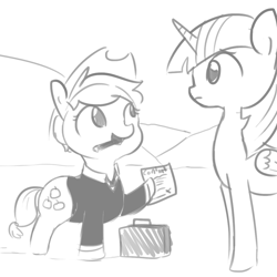 Size: 1080x1080 | Tagged: safe, artist:tjpones, character:applejack, character:twilight sparkle, character:twilight sparkle (alicorn), species:alicorn, species:earth pony, species:pony, appleboss, boss, briefcase, chubby, cigar, clothing, contract, grayscale, hat, hoof hold, monochrome, necktie, short hair, simple background, suit, white background