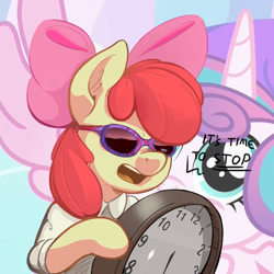 Size: 750x750 | Tagged: safe, artist:zapplebow, edit, character:apple bloom, character:princess flurry heart, species:earth pony, species:pony, bipedal, clock, clothing, ear fluff, exploitable meme, female, filly, filthy frank, hoof hold, it's time to stop, meme, open mouth, parody, reaction image, simple background, solo, sunglasses, transparent background