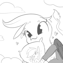Size: 1080x1080 | Tagged: safe, artist:tjpones, character:gilda, character:rainbow dash, species:griffon, species:pegasus, species:pony, ship:gildash, body pillow, cute, female, grayscale, heart, hug, interspecies, lesbian, monochrome, pillow, shipping, simple background, sketch, smiling, solo, white background