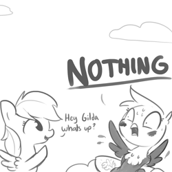 Size: 1080x1080 | Tagged: safe, artist:tjpones, character:gilda, character:rainbow dash, species:griffon, species:pegasus, species:pony, blushing, body pillow, caught, cloud, denial, dialogue, embarrassed, hiding, implied gildash, implied lesbian, raised hoof, simple background, white background