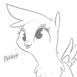 Size: 1080x1080 | Tagged: safe, artist:tjpones, character:gilda, species:griffon, birb, blep, bust, cute, derp, female, fluffy, gildadorable, grayscale, monochrome, onomatopoeia, raspberry, raspberry noise, silly, smiling, solo, spread wings, tongue out, wings