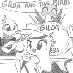 Size: 1280x1280 | Tagged: safe, artist:tjpones, character:gabby, character:gilda, character:greta, species:griffon, 30 minute art challenge, acoustic guitar, band, birb, cute, drums, female, gabbybetes, gildadorable, griffon trio, guitar, headband, microphone, monochrome, open mouth, singing