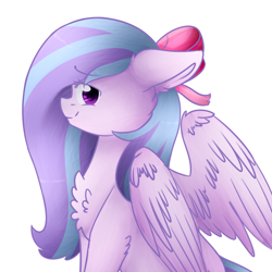 Size: 1000x1000 | Tagged: safe, artist:twinkepaint, oc, oc only, oc:elizabeth, species:pegasus, species:pony, bow, cheek fluff, chest fluff, ear fluff, female, fluffy, hair bow, mare, shoulder fluff, simple background, solo, white background, wing fluff