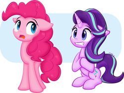 Size: 1129x845 | Tagged: safe, artist:ctb-36, character:pinkie pie, character:starlight glimmer, species:earth pony, species:pony, species:unicorn, duo, floppy ears, gritted teeth, looking back, open mouth, sitting