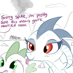 Size: 792x792 | Tagged: safe, artist:tjpones, character:princess ember, character:spike, species:dragon, ship:emberspike, blushing, cloud, color, dialogue, female, implied marriage, licking, male, mlem, offscreen character, one sided shipping, partial color, shipping, sketch, smiling, smoke, straight, tongue out, volcano