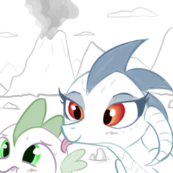 Size: 792x792 | Tagged: safe, artist:tjpones, edit, editor:dsp2003, character:princess ember, character:spike, species:dragon, ship:emberspike, blushing, cloud, color, female, licking, male, partial color, shipping, sketch, smiling, smoke, straight, textless, tongue out, volcano
