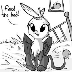 Size: 1280x1280 | Tagged: safe, artist:tjpones, oc, oc only, oc:gerdie, species:griffon, horse wife, apple, bed, birds doing bird things, cute, dialogue, female, food, grapes, grayscale, griffon oc, griffons doing bird things, looking at you, monochrome, nest, nesting instinct, open mouth, picture, property damage, sitting, smiling, solo
