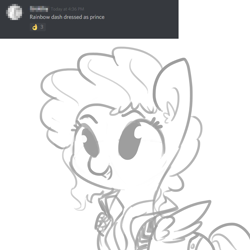 Size: 1280x1280 | Tagged: safe, artist:tjpones, character:rainbow dash, species:pegasus, species:pony, clothing, cosplay, costume, discord (software), ear fluff, grayscale, monochrome, prince (musician), simple background, solo, white background