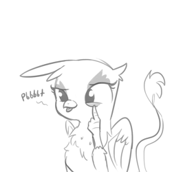 Size: 1080x1080 | Tagged: safe, artist:tjpones, part of a set, character:gilda, species:griffon, akanbe, birb, bust, chest fluff, cute, derp, gildadorable, grayscale, monochrome, onomatopoeia, raspberry, raspberry noise, silly, simple background, solo, tongue out, white background