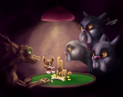 Size: 1266x1000 | Tagged: safe, artist:insanerobocat, character:winona, species:dog, bone, canines, card game, cerberus, cerberus (character), cute, dogs playing poker, gambling, mouth hold, multiple heads, parody, poker, signature, table, three heads, timber wolf, trio