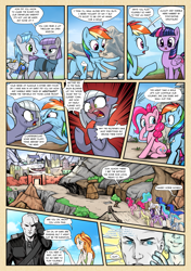 Size: 1355x1920 | Tagged: safe, artist:foldeath, artist:pencils, character:fluttershy, character:limestone pie, character:maud pie, character:pinkie pie, character:princess celestia, character:princess luna, character:rainbow dash, character:twilight sparkle, character:twilight sparkle (alicorn), oc, oc:anon, oc:mascara maroon, oc:sky shatter, satyr, species:alicorn, species:earth pony, species:human, species:pegasus, species:pony, comic:anon's pie adventure, angry, angry horse noises, armor, censored vulgarity, clothing, coat, comic, cross-popping veins, crown, descriptive noise, dialogue, dock, dress, eyeshadow, female, grawlixes, horse noises, horseshoes, human male, jewelry, makeup, male, mare, meme, necklace, questionable series, regalia, scrunchy face, shirt, sitting, speech bubble, stallion, tank top, vulgar, whispering, yelling