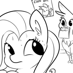 Size: 792x792 | Tagged: safe, artist:tjpones, character:fluttershy, character:gilda, species:griffon, species:pegasus, species:pony, birb, chef's hat, clothing, cute, ear fluff, frown, gildadorable, grayscale, hat, looking back, looking over shoulder, monochrome, mouth hold, nervous, poster, restaurant, simple background, sketch, spatula, sweat, the twilight zone, this will end in tears and/or breakfast, to serve man, white background