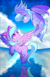Size: 770x1190 | Tagged: safe, artist:kawaiipony2, character:cloudchaser, character:flitter, species:pegasus, species:pony, g4, blushing, cloud, constellation, cute, cutechaser, duo, eye clipping through hair, female, flitterbetes, flying, looking at each other, mare, open mouth, profile, reflection, sisters, sky, smiling, spread wings, starry night, stars, three quarter view, water, wings