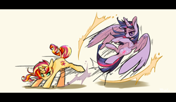 Size: 1900x1100 | Tagged: safe, artist:phyllismi, character:sunset shimmer, character:twilight sparkle, character:twilight sparkle (alicorn), species:alicorn, species:pony, species:unicorn, big wings, colored pupils, dodge, duo, fight, flying, kick, letterboxing, motion lines, pixiv, raised leg, shadow, simple background, sparring, white background, widescreen, wings