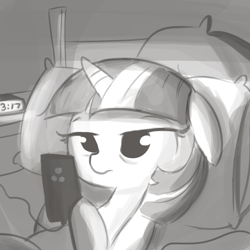 Size: 792x792 | Tagged: safe, artist:tjpones, character:twilight sparkle, species:pony, 30 minute art challenge, bed, cellphone, clock, floppy ears, grayscale, lying down, monochrome, on back, phone, pillow, sleepy, smartphone, solo, tired