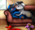 Size: 2791x2426 | Tagged: safe, artist:pridark, oc, oc only, oc:blazing cobalt, oc:silvermane, species:pony, species:unicorn, g4, about to kiss, armor, bedroom eyes, blushing, clothing, commission, couch, floppy ears, gay, lidded eyes, looking at each other, male, profile, signature, slippers, smiling, stallion, unicorn oc, valentine's day, window