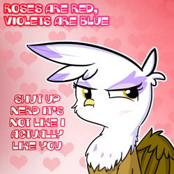 Size: 1280x1280 | Tagged: safe, artist:tjpones, character:gilda, species:griffon, abstract background, baka, blushing, bust, dialogue, female, gildere, heart, nerd, solo, tsundere, valentine's day, valentine's day card