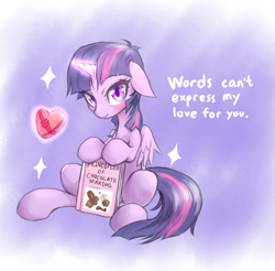 Size: 836x821 | Tagged: safe, artist:mlpanon, part of a set, character:twilight sparkle, character:twilight sparkle (alicorn), species:alicorn, species:pony, book, chocolate, cute, floppy ears, food, looking at you, magic, sitting, solo, telekinesis, twiabetes, valentine, valentine's day