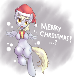 Size: 893x934 | Tagged: safe, artist:mlpanon, part of a set, character:derpy hooves, species:pegasus, species:pony, belly button, clothing, cute, derpabetes, flying, hat, i just don't know what went wrong, looking at you, open mouth, present, santa hat, solo, valentine, valentine's day