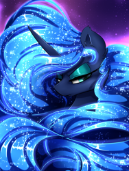 Size: 1800x2400 | Tagged: safe, artist:madacon, character:princess luna, species:pony, beautiful, color porn, eyeshadow, glowing mane, lidded eyes, long mane, looking at something, makeup, missing accessory, serious, serious face, solo, stars