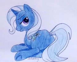 Size: 1280x1021 | Tagged: safe, artist:lilapudelpony, character:trixie, species:pony, species:unicorn, female, looking at you, plot, smiling, solo, traditional art, underhoof
