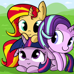 Size: 1080x1080 | Tagged: safe, artist:tjpones, character:starlight glimmer, character:sunset shimmer, character:twilight sparkle, character:twilight sparkle (alicorn), species:alicorn, species:pony, species:unicorn, counterparts, cuddle puddle, cuddling, cute, dawwww, floppy ears, fluffy, glimmerbetes, hnnng, magical trio, pony pile, shimmerbetes, smiling, tjpones is trying to murder us, trio, twiabetes, twilight's counterparts, twishimmerglimmer