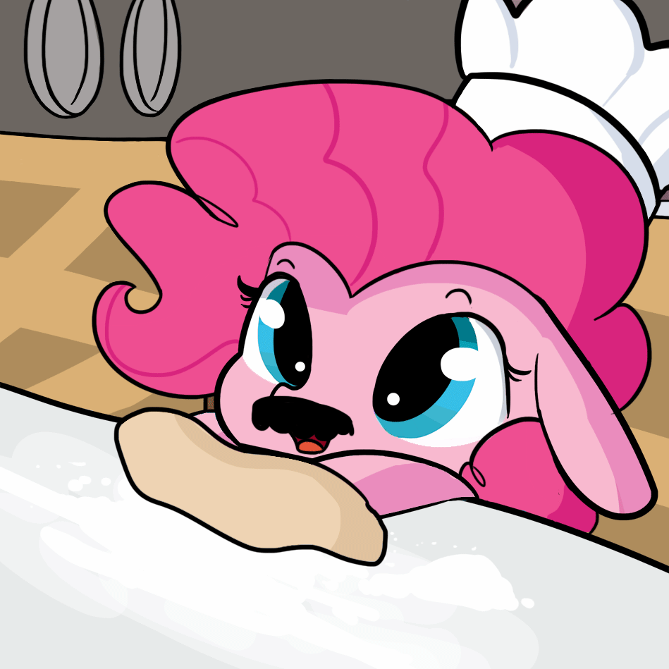 Size: 949x949 | Tagged: safe, artist:tjpones, edit, editor:dsp2003, part of a set, character:pinkie pie, species:pony, animated, chef's hat, clothing, cute, dawwww, diapinkes, dough, eye shimmer, facial hair, female, floppy ears, flour, gif, hat, moustache, open mouth, pasta pie, smiling, solo, textless, upsies, weapons-grade cute