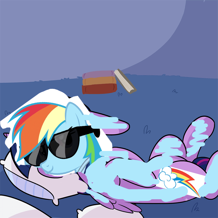 Size: 907x907 | Tagged: safe, alternate version, artist:tjpones, character:rainbow dash, character:twilight sparkle, character:twilight sparkle (alicorn), species:alicorn, species:pegasus, species:pony, 1000 hours in ms paint, animated, book, ear twitch, eyes closed, floppy ears, gif, hoofy-kicks, leg twitch, lying down, ms paint, on back, on the floor, pillow, seems legit, sleeping, smiling, solo, stylistic suck, sunglasses