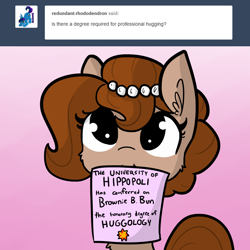 Size: 1280x1280 | Tagged: safe, artist:dsp2003, artist:tjpones, edit, oc, oc only, oc:brownie bun, horse wife, colored, cute, diploma, mouth hold, ocbetes, solo, tjpones is trying to murder us, tumblr