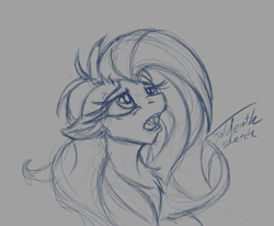 Size: 911x750 | Tagged: safe, artist:foldeath, character:fluttershy, species:pony, bust, chest fluff, eyelashes, floppy ears, looking up, monochrome, open mouth, portrait, sketch, solo