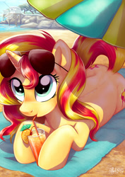 Size: 707x1000 | Tagged: safe, artist:yulyeen, character:sunset shimmer, species:pony, species:unicorn, beach, beach umbrella, both cutie marks, cocktail glass, cute, drink, looking up, prone, shimmerbetes, solo, sunglasses, towel