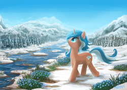 Size: 3508x2480 | Tagged: safe, artist:seer45, oc, oc only, oc:myosotis, species:pony, species:unicorn, art trade, female, fir tree, flower, forget-me-not, looking up, mare, mountain, river, scenery, scenery porn, snow, solo, spring