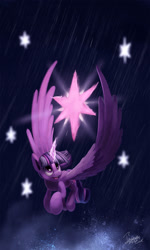 Size: 1078x1792 | Tagged: safe, artist:insanerobocat, character:twilight sparkle, character:twilight sparkle (alicorn), species:alicorn, species:pony, big wings, cutie mark, flying, glowing horn, magic, open mouth, rain, smiling, solo, wings
