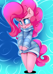 Size: 2100x2900 | Tagged: safe, artist:madacon, character:pinkie pie, species:anthro, species:unguligrade anthro, blushing, chibi, clothing, color porn, cute, diapinkes, female, looking up, open mouth, solo, sweater