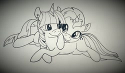 Size: 1280x745 | Tagged: safe, artist:lilapudelpony, character:sunset shimmer, character:twilight sparkle, species:pony, ship:sunsetsparkle, cuddling, female, lesbian, monochrome, shipping, snuggling, traditional art