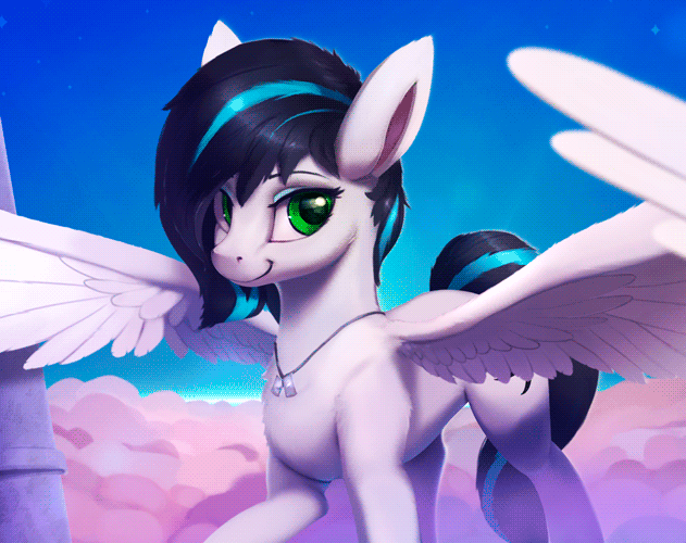 Size: 631x500 | Tagged: safe, artist:rodrigues404, oc, oc only, oc:danger close, species:pegasus, species:pony, animated, blinking, cinemagraph, cloud, commission, dog tags, female, gif, jewelry, mare, necklace, raised hoof, solo