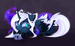 Size: 2415x1493 | Tagged: safe, artist:magnaluna, character:princess luna, species:alicorn, species:pony, alternate design, cheek fluff, colored wings, curved horn, ear fluff, looking sideways, multicolored wings, prone, simple background, solo