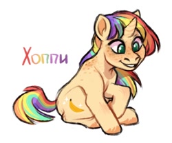 Size: 1280x1066 | Tagged: safe, artist:kapusha-blr, oc, oc only, oc:hoppy, species:pony, species:unicorn, female, freckles, russian, simple background, sitting, smiling, solo, translated in the comments, white background