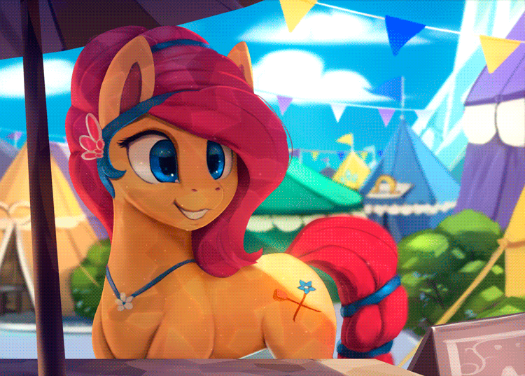 Size: 750x537 | Tagged: safe, artist:rodrigues404, oc, oc only, oc:bloom flower, species:crystal pony, species:pony, animated, cinemagraph, cloud, commission, crystal fair con, female, gif, jewelry, mare, necklace, shade, sky, smiling, solo