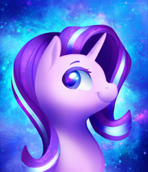 Size: 1336x1553 | Tagged: safe, artist:nekiw, character:starlight glimmer, species:pony, species:unicorn, bust, cute, glimmerbetes, looking back, portrait, profile, smiling, solo, space background