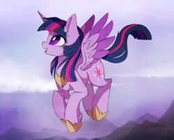 Size: 2480x2008 | Tagged: safe, artist:magnaluna, character:twilight sparkle, character:twilight sparkle (alicorn), species:alicorn, species:pony, cheek fluff, chest fluff, colored pupils, cute, ear fluff, female, fluffy, flying, high res, jewelry, looking up, mare, mountain, open mouth, princess shoes, regalia, smiling, solo, spread wings, twiabetes, wing fluff, wings