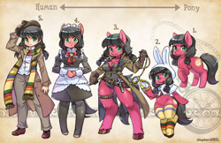 Size: 1600x1035 | Tagged: safe, artist:shepherd0821, oc, oc only, oc:macdolia, species:anthro, species:earth pony, species:human, species:pony, species:unguligrade anthro, alice in wonderland, anthro chart, anthro with ponies, bunny hood, castlevania, chain whip, clothing, cowboy hat, cross, doctor who, female, fourth doctor, fourth doctor's scarf, french maid, hat, humanized, izayoi sakuya, looking at you, maid, maid headdress, pigtails, pocket watch, raised hoof, rope, scarf, semi-anthro, smiling, socks, solo, stetson, thigh highs, time travelers, touhou, twintails, watch, white rabbit