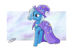Size: 2380x1612 | Tagged: safe, artist:ruushiicz, character:trixie, species:pony, species:unicorn, abstract background, cape, clothing, hat, raised hoof, smiling, solo, trixie's cape, trixie's hat