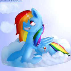 Size: 2200x2200 | Tagged: safe, artist:sakishithewolf, character:rainbow dash, species:pegasus, species:pony, cloud, grin, smiling, solo